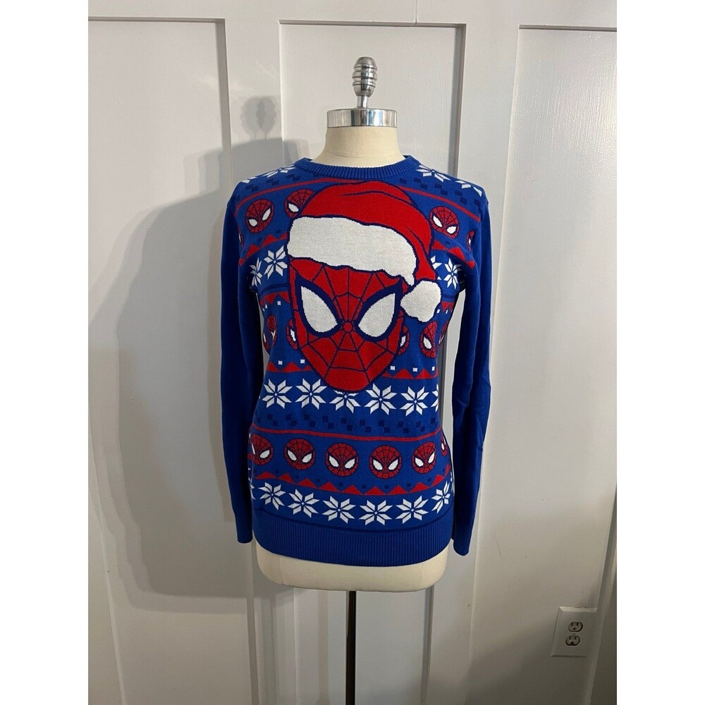 Official Marvel Spider-Man Santa Hat Blue Ugly Christmas Sweater Youth XL 14-16